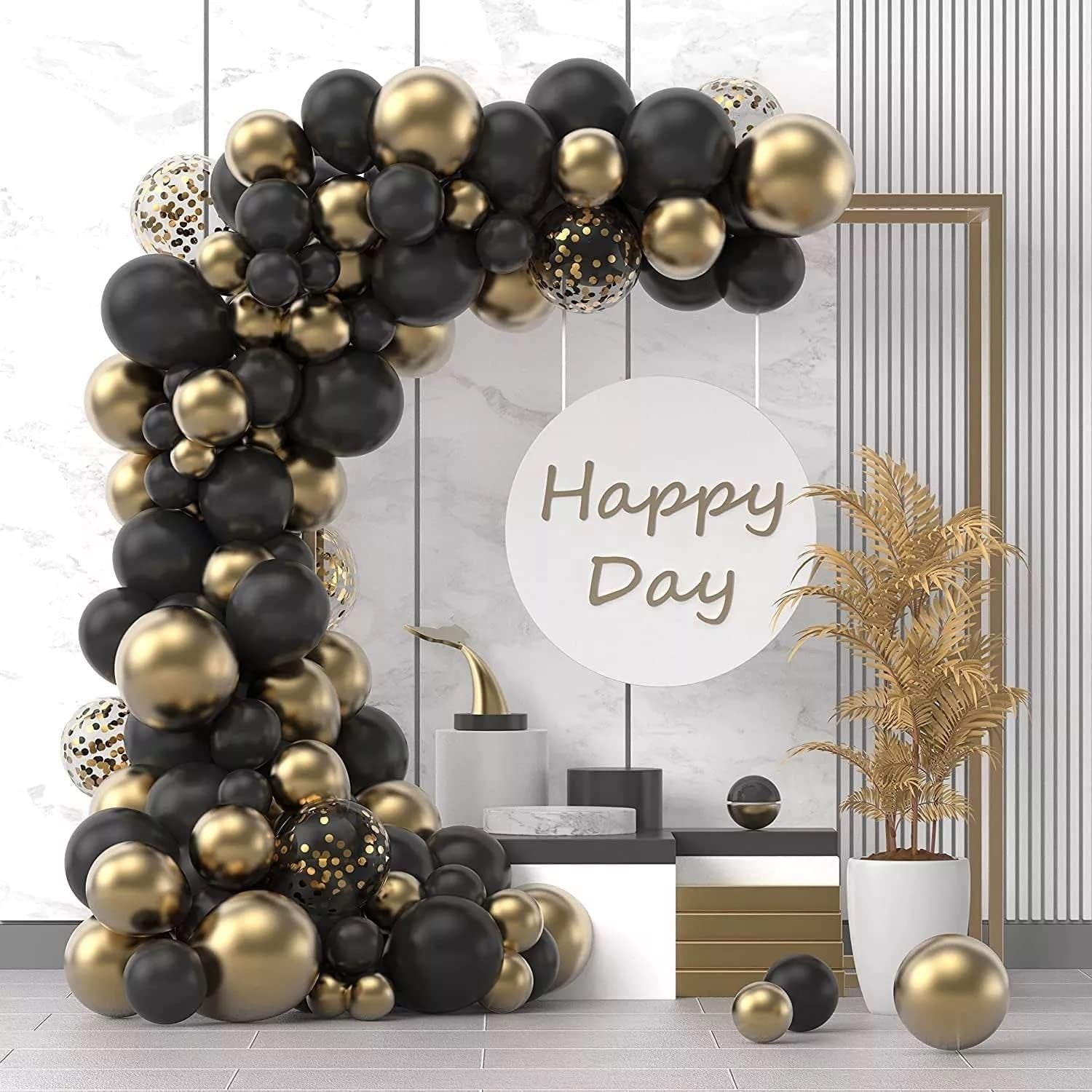 Baloane decorative pentru Nunta, Zi de Nastere, Evenimente, ANGELBEAR, Arcada Set din 107 baloane, din latex, baloane cu confetii, Negru Auriu